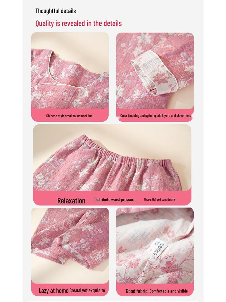 Women's Spring/Summer Red Jacquard Cotton-Linen Pajamas Set with Zodiac Design - Long Sleeve and Pants