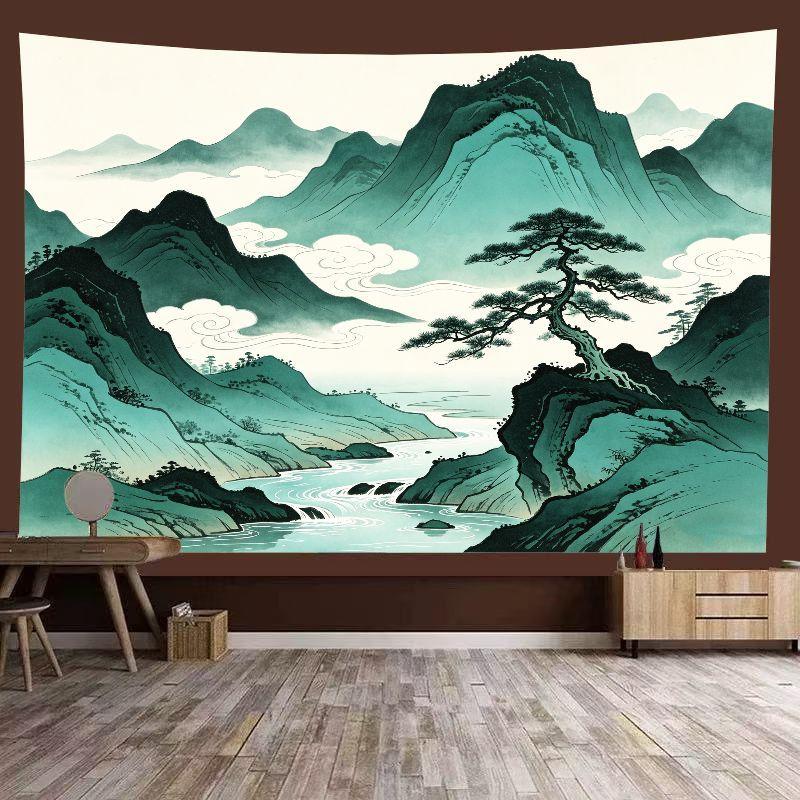 New Chinese Ink Painting Green Mountain Lonely Boat Mist Landscape Tapestry Tea Room Chinese Wall Decoration