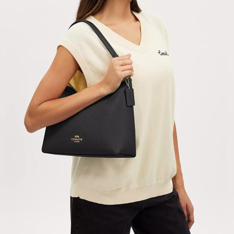 Coach Laurel 31 Logo Reißverschluss Kieselsteinleder Tragetasche Crossbody Umhängetasche Große Damen Taschen Gold Schwarz CR148-IMBLK