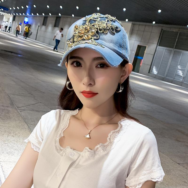 

Denim Baseball Cap Women Spring Summer Rhinestone Flower Cowboy Cap Sunshade Trendy Casual Sunscreen Sport Cap Vintage Hat світло-синій колір