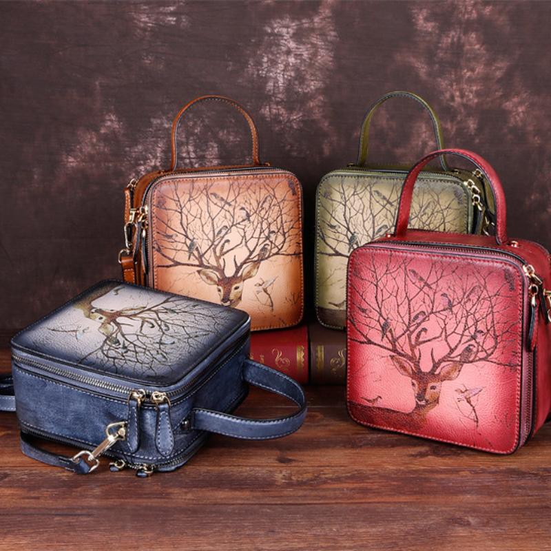 Johnature Retro Small Bag Genuine Leather Women Handbag Hand Brushed Animal Prints Cowhide Shoulder & Crossbody Bags