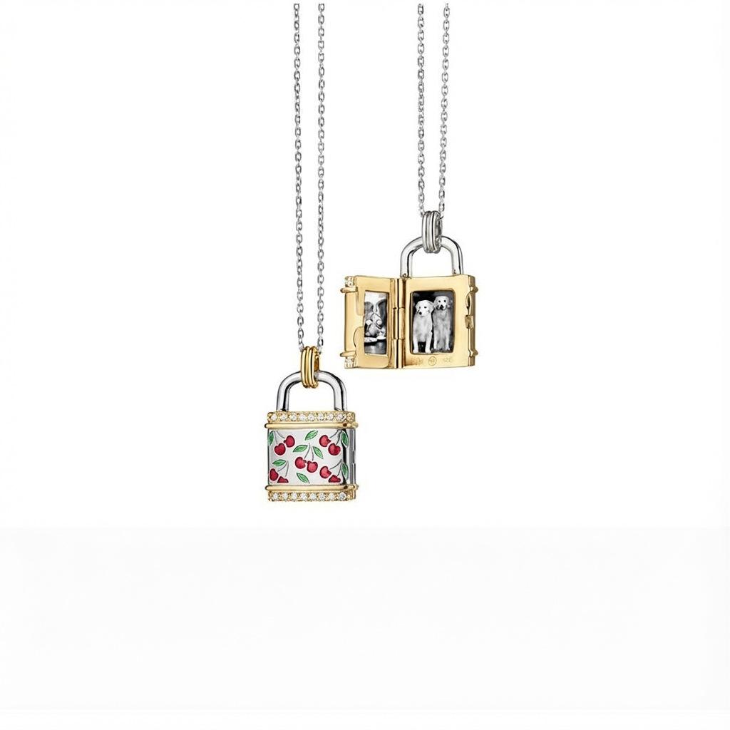 

Personalized Strawberry Cherry Print Zirconium Lock Shape Opening And Closing Pendant Photo Album Necklace Gift