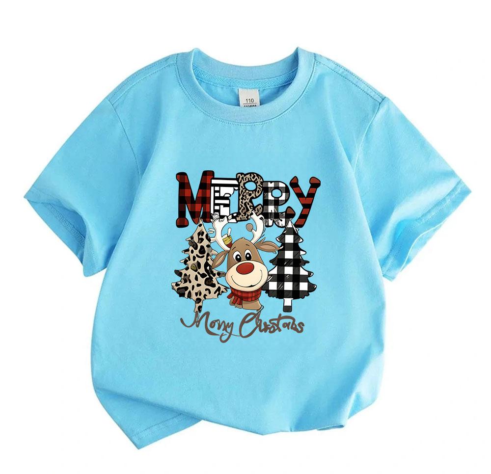 Kids Boys Girls 100% Cotton Short Sleeve Crew Neck T-Shirt, Merry Christmas Cute Reindeer Xmas Tree Print Casual Summer Tops for Holiday Daily Wear