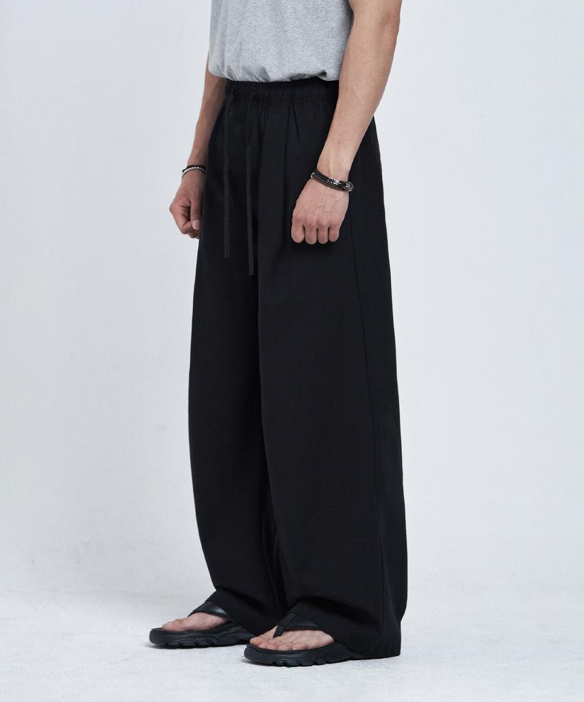 LEMAIN SECOND Linen-Like Elastic Waist Wide Pants [Black]