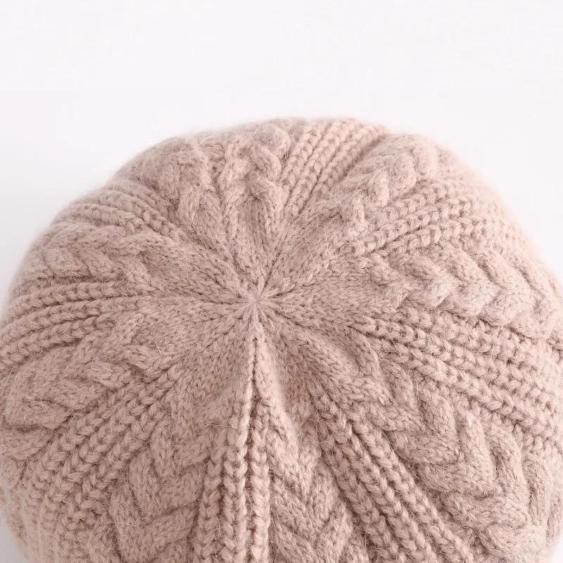 High Quality Wool Women Winter Warm Slouchy Cable Knit Beanie Skull Beret Hat With Visor Outdoor Thicken Lady Bonnet Gorros