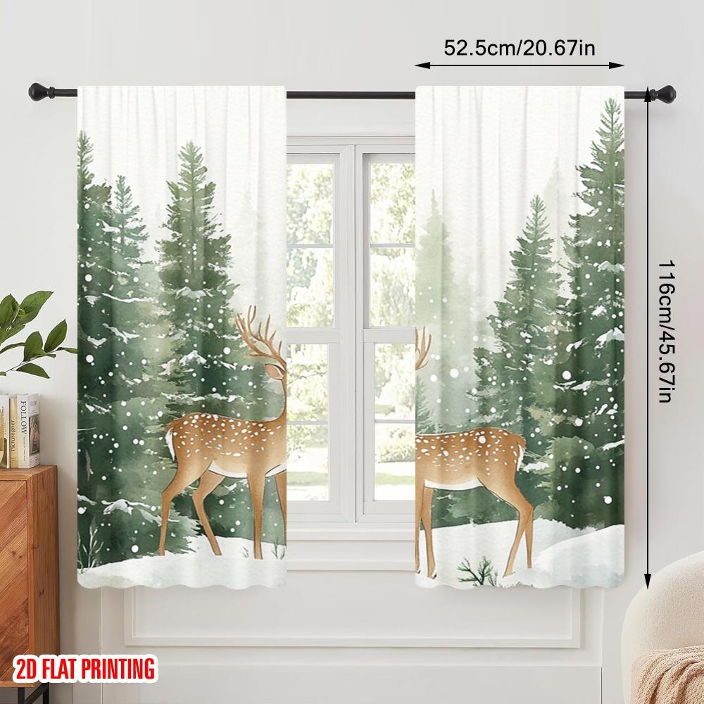 2pcs  2D plane printing Curtains&Window Treatment Deer Snow Pine Forest (2) Versatile Polyester (without rod) Home Decor for