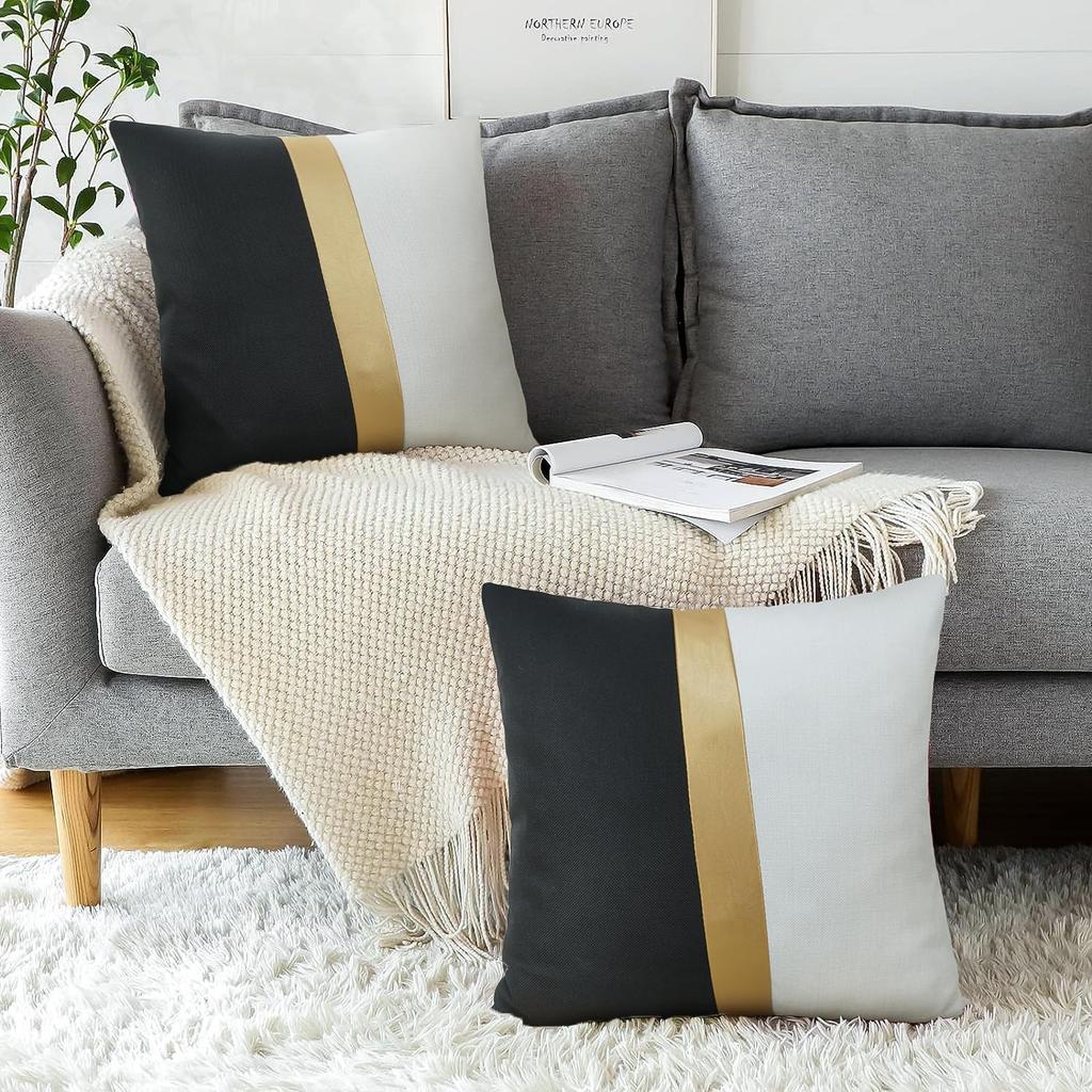 Faux Leather and Cotton Throw Pillow Covers 18x18 Inch Set of 2 Black and White Decorative Pillow Covers with Gold Stripe Patchwork Modern Farmhouse