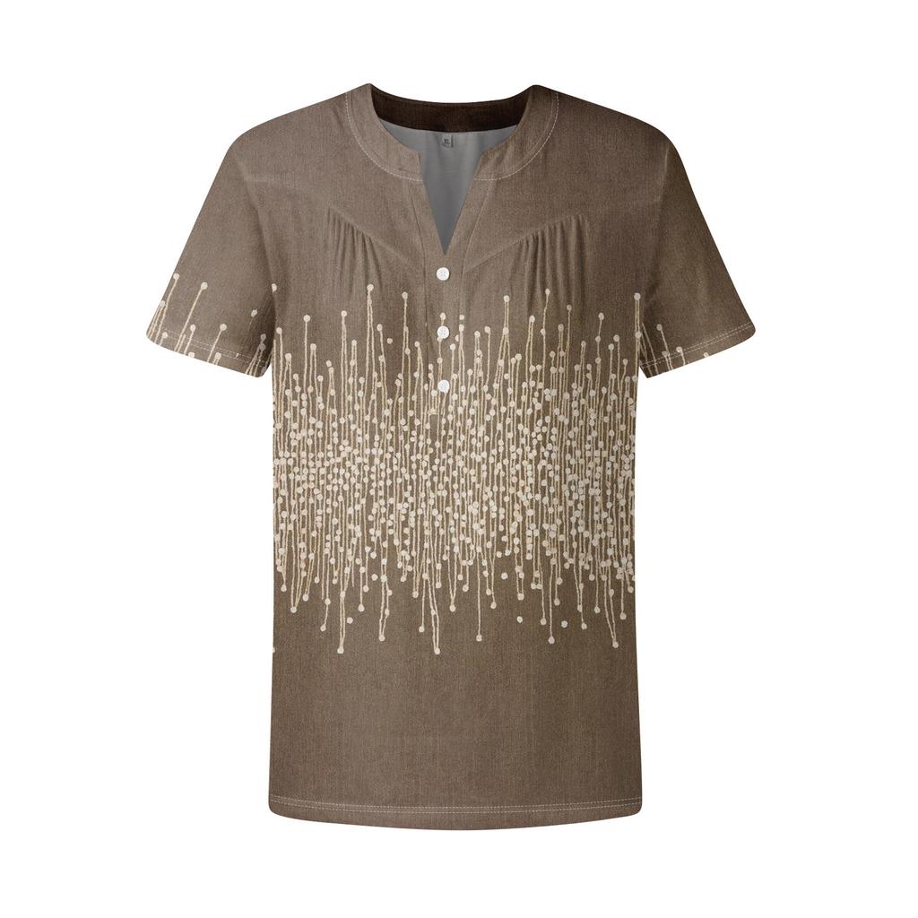 Women's Casual Floral Print V-Neck Short Sleeve Decorative Button T-Shirt Top