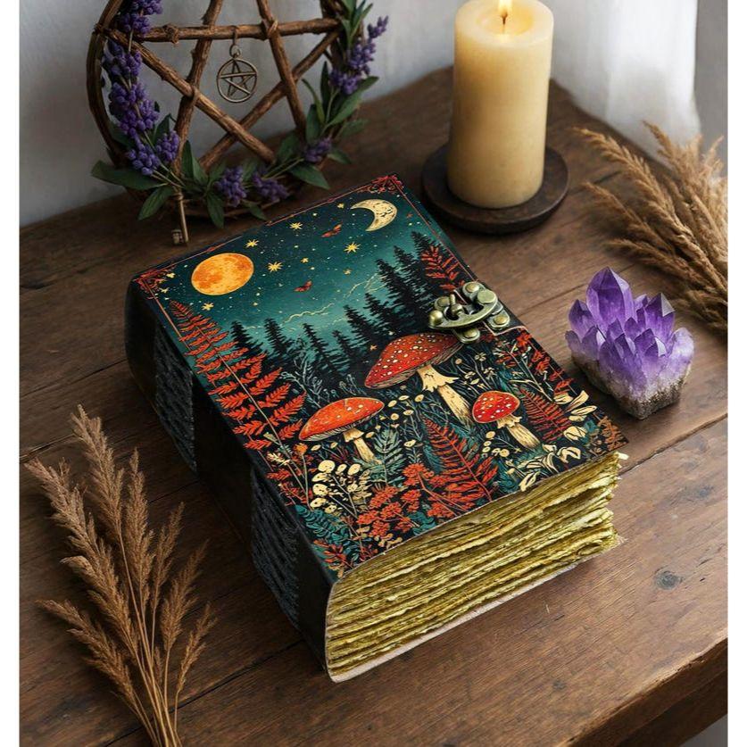 Mushroom Leather Grimoire: Handmade Deckle Edge Book of Shadows