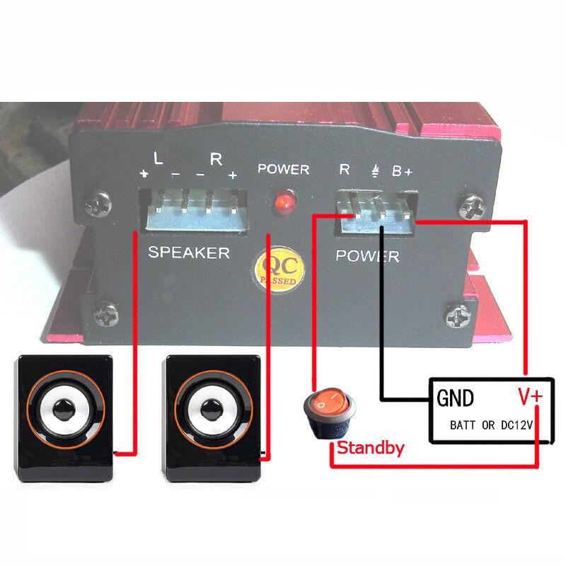 1set Car 12V 500W 2 Channels Mini Hi-Fi Stereo Audio Amp Subwoofer Aluminum Alloy Red L/R Speaker Power LED Indicator