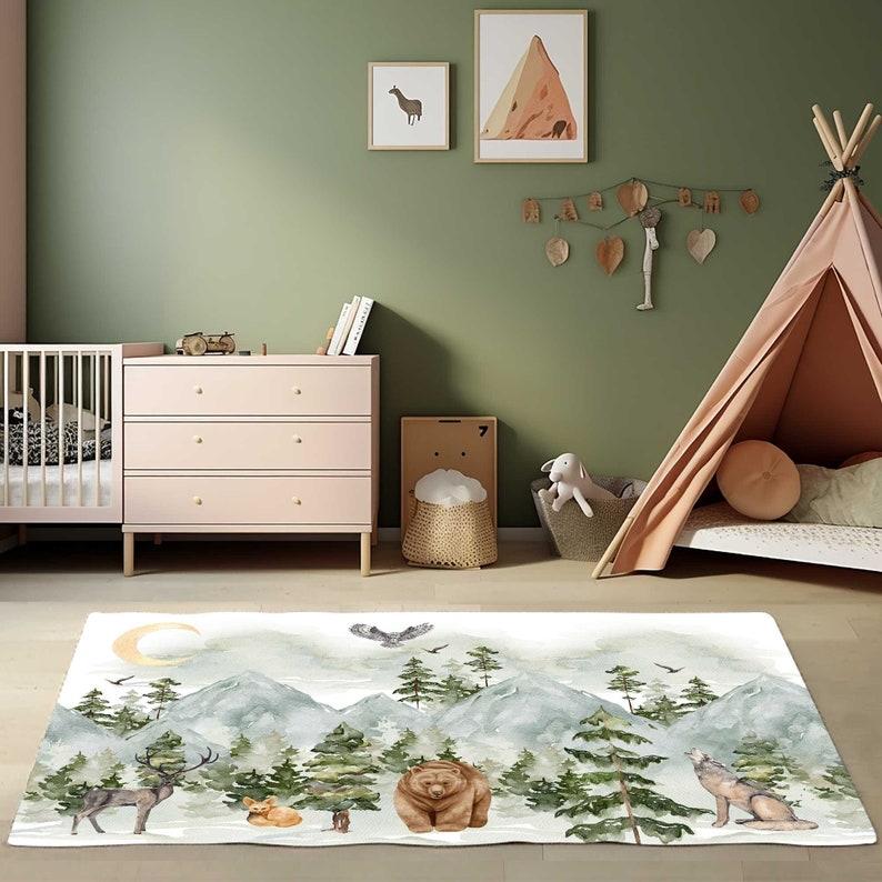Mountain Woodland Animal Area Rug for Nursery Kids' Bedroom Carpet Nature Theme Floor Mat Kids Room Decor Floor Rug