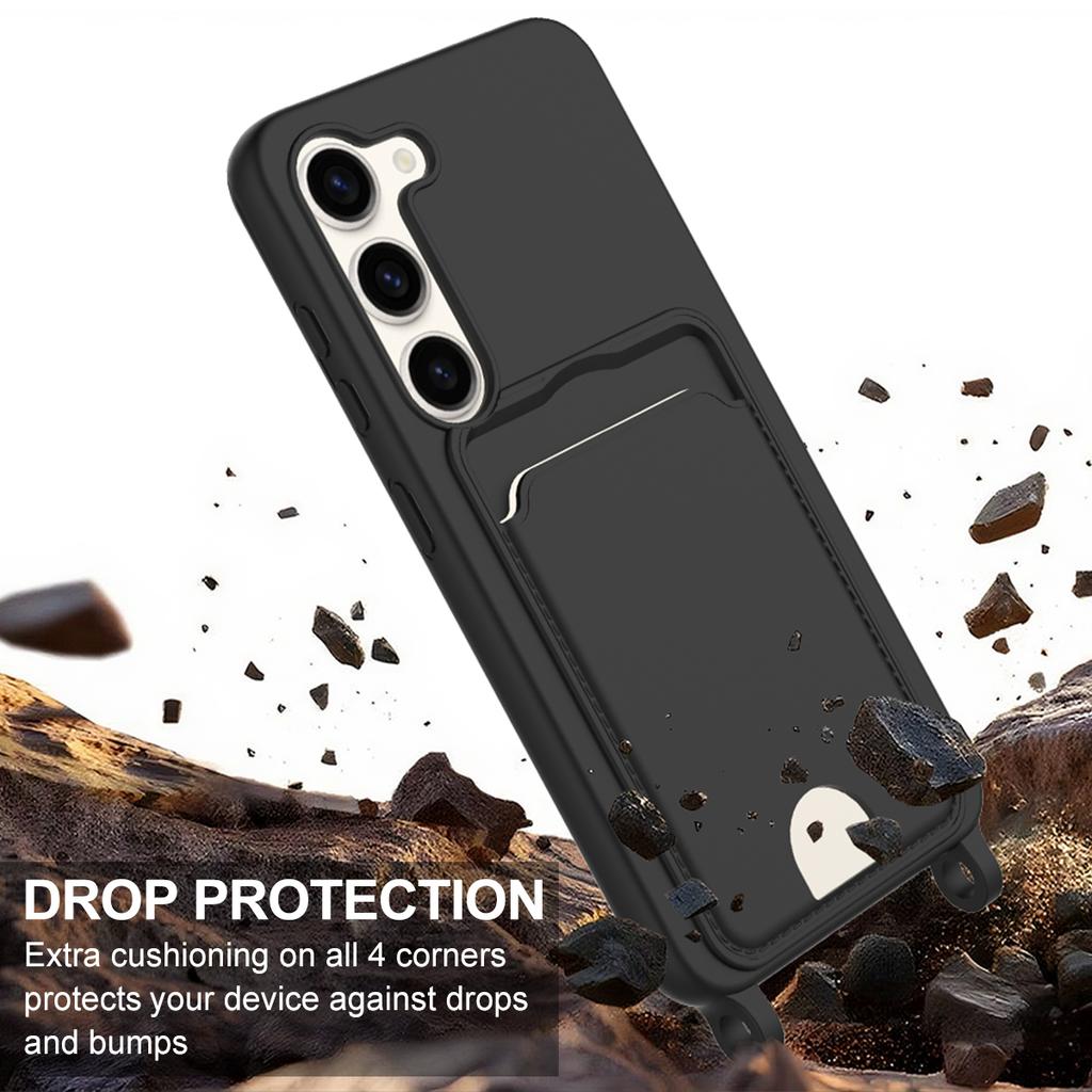 For Samsung Galaxy S23+ Liquid Silicone Case Phone Back Cover with Card Holder and Short Strap