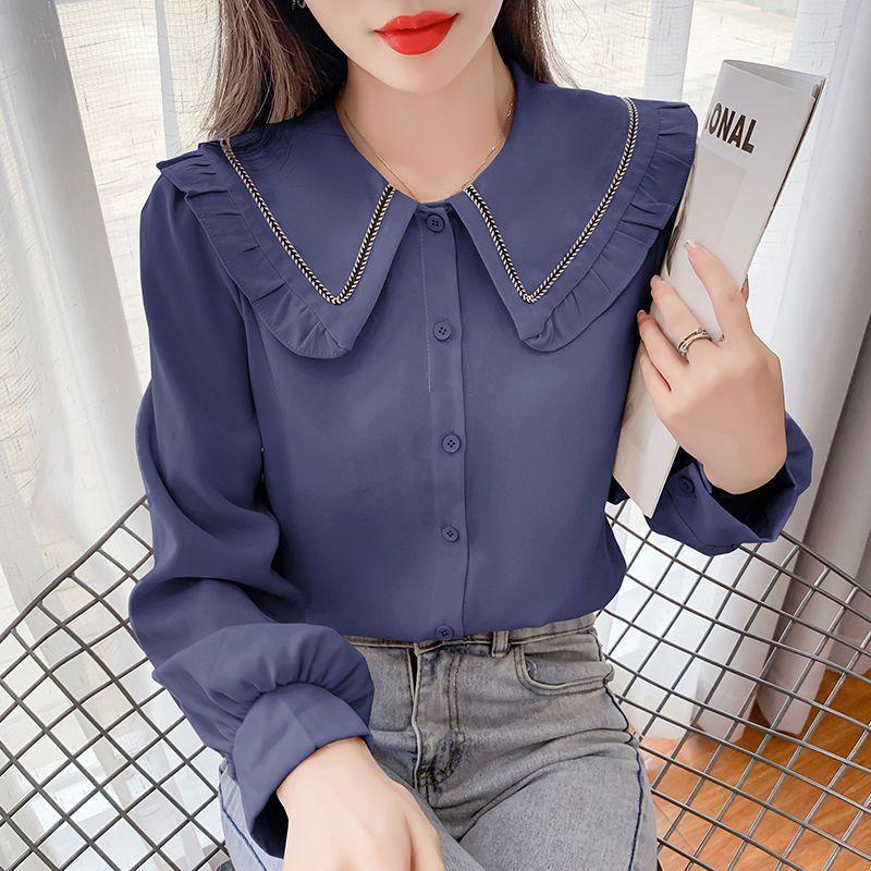 Shirt Women's Doll Collar French Style Shirt with Reduced Long Sleeved Top