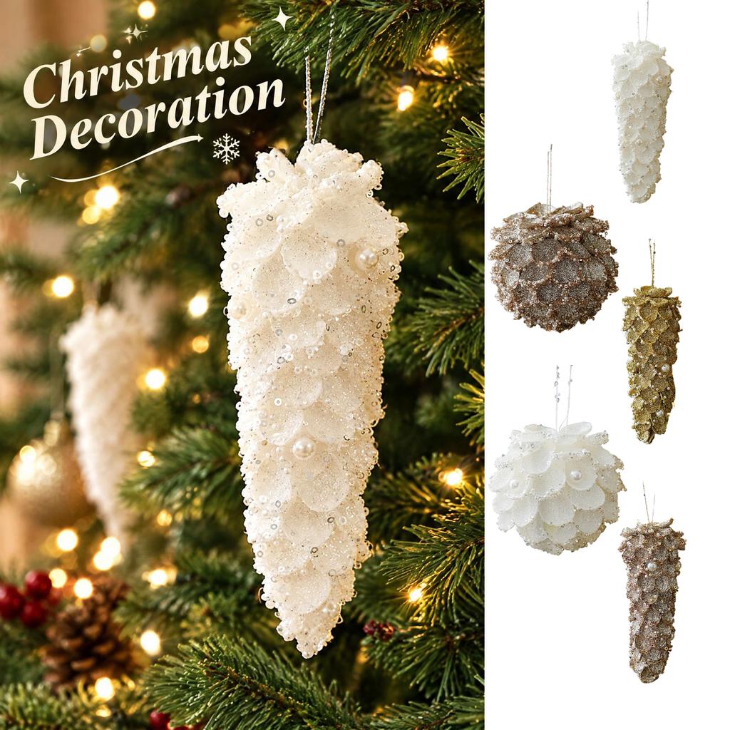 Christmas Foam Hanging Ornaments with Flocked Petal Balls and Pinecone Shapes for Holiday Party Decor