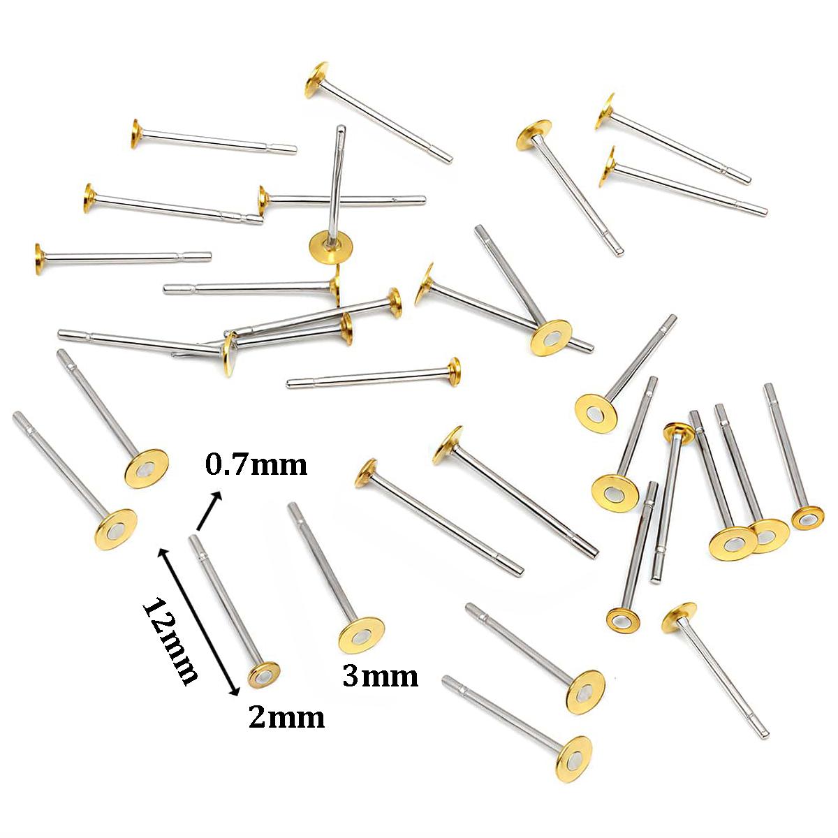

100pcs 304 Stainless Steel Earrings Stud Post Pin Flat Pad Earring Posts Needles Fit 2mm 3mm Cabochon Jewelry Making Finding 0.7x12x2mm