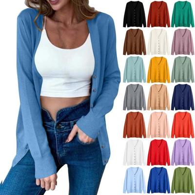 Women Autumn Knit Sweater Long Sleeve Solid Color Button Cardigan