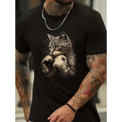 Herren Spaß Boxkatze Muster T-Shirt Schwarzes Ärmel Oberteil Paar Gleiches Material Street Style Geeignet für Sport