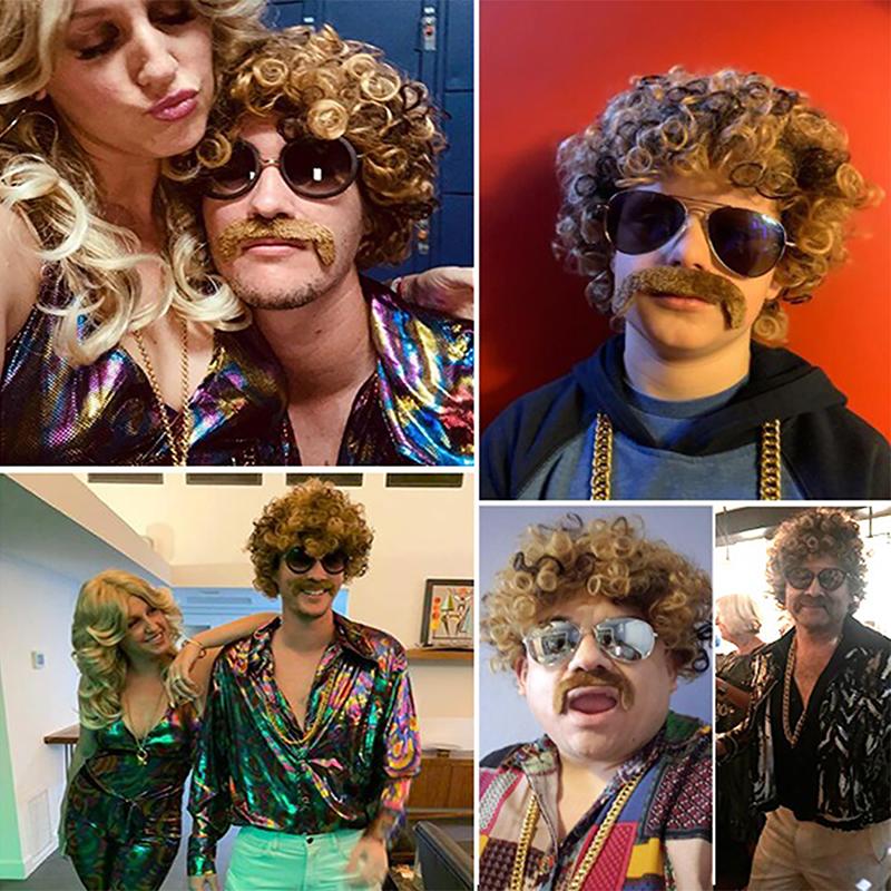 1 Set Men'S Black Short Curly Synthetic Cosplay Wig Gold Brown 70S 80S Disco Mustache Gold Chain Halloween Costume Party Wig