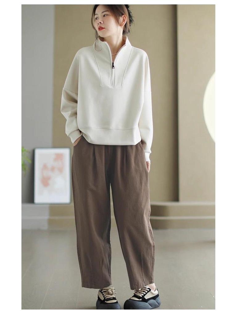 Damen Herbst/Winter Sweatshirt mit Stehkragen und halbem Reißverschluss: Modischer Pullover mit langen Ärmeln in lockerer Passform für lässige Übergrößen