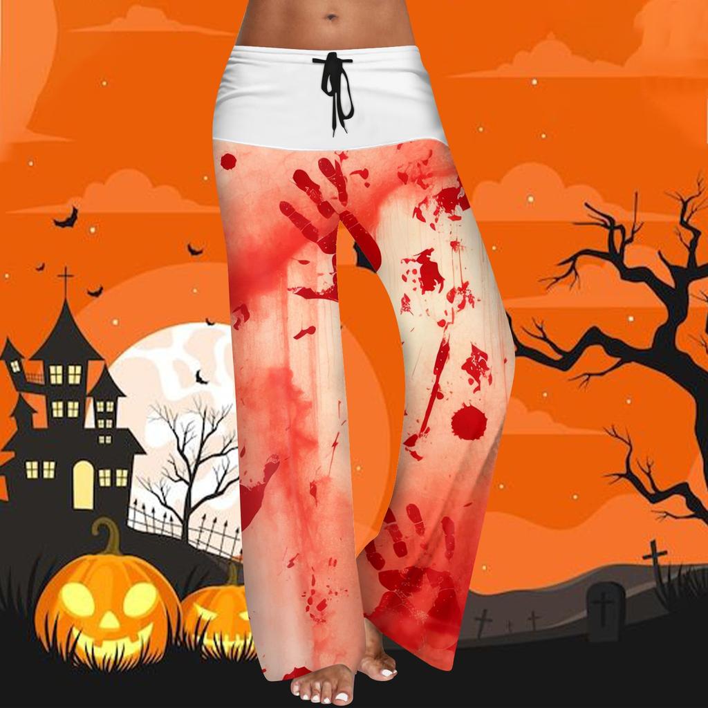 Women's Drawstring Elastic Waistband Wide Leg Color Matching Halloween Printed Casual Pants