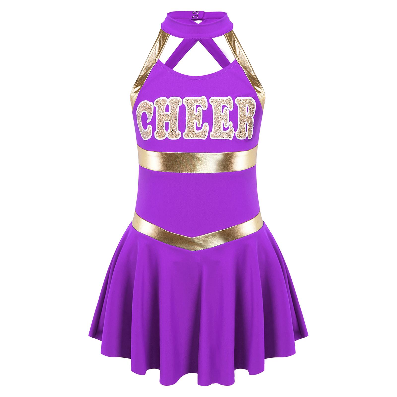

Girls Sleeveless Round Collar Letter Print Crisscross Straps Hollow Back Cheerleading Dance Dress 15-16 Years фіолетовий