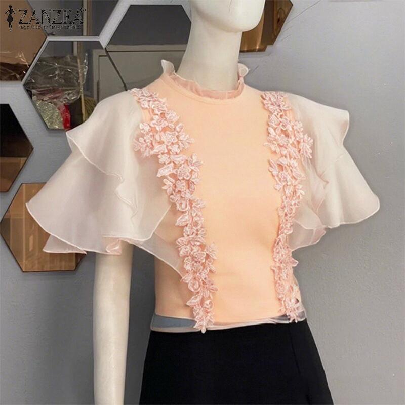 

ZANZEA Women Elegant Lace Patchwork Summer Short Sleeve Blouse S помаранчевий