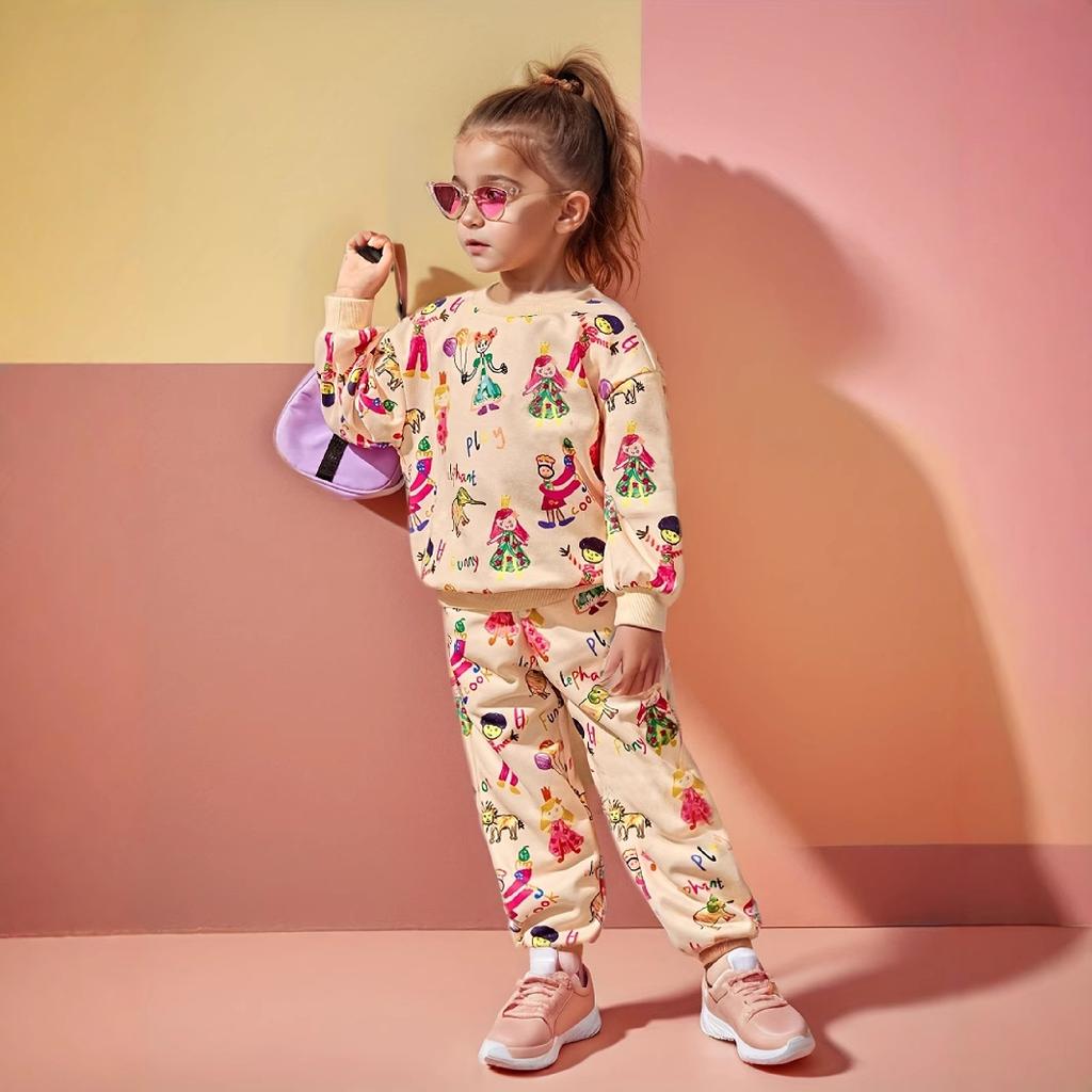 Girls' Graffiti Printed Round Neck Long Sleeve Suit Autumn Children's Round Neck Long Sleeve Hoodie & Pants Suit