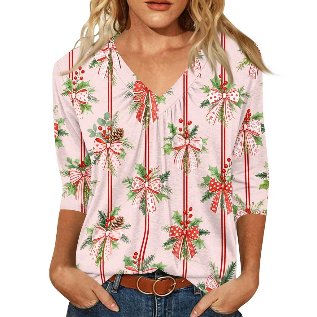 Women's Fashion Casual V-Neck Christmas Print 3/4 Sleeve Top for Holiday Party Wear