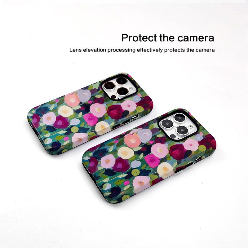 Coque de téléphone à motif floral peint à l'huile pour Apple 14-16, style coréen, et ensemble 2-en-1 pour 15 Pro Max.