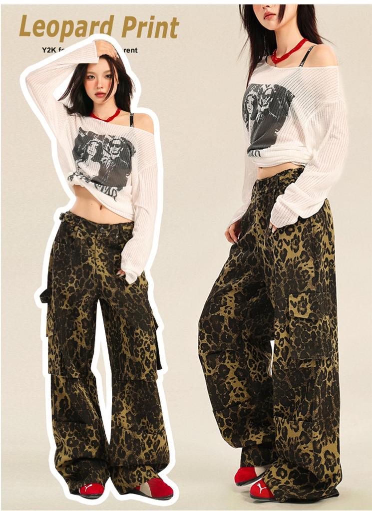 Bestmood Wide Leg Camouflage Long Straight Relaxed Cargo High Leopard Long American Casual Hip Dance L Leopard Women's Pants, Print, Pants, Pants,