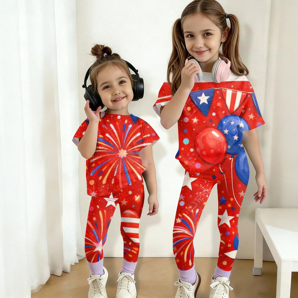 Kids Independence Day Outfit Set Short Sleeve Top and Long Pants Two Piece Casual Suit for Boys and Girls Comfortable Fit
