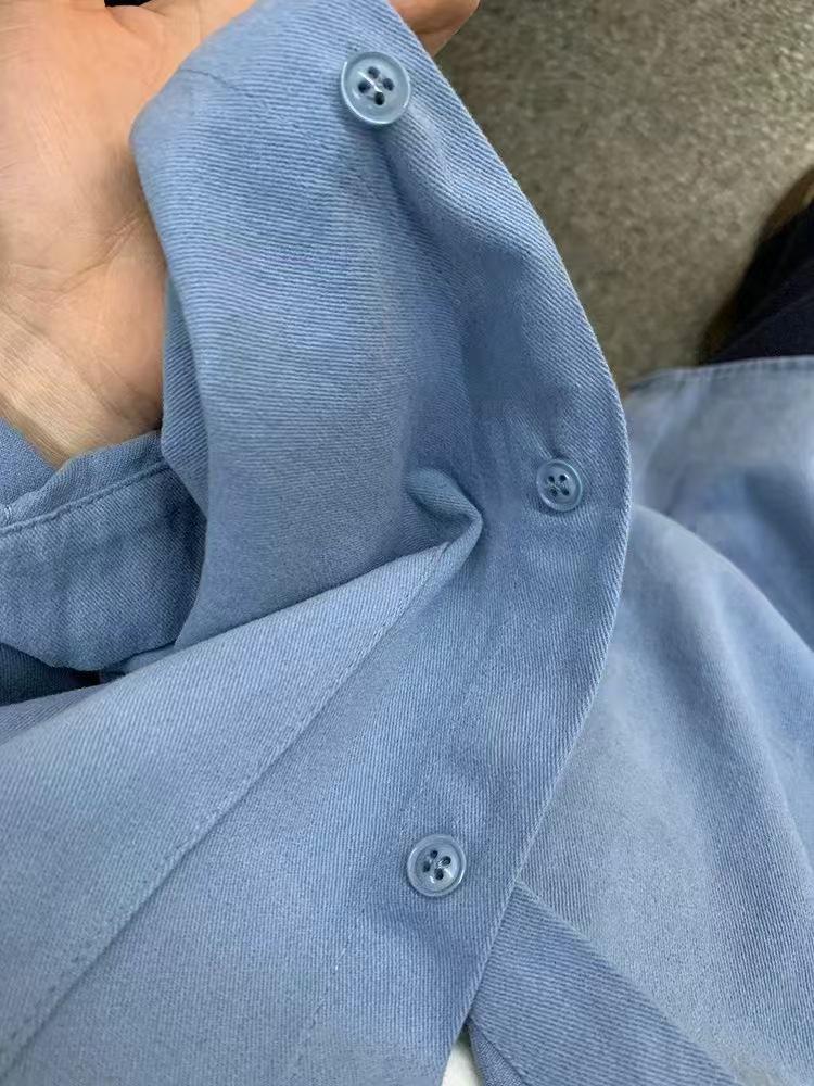 Women's Blue Cotton Shirt - Fresh, Loose, Versatile, Slimming, Petite Fit for Spring & Autumn Wear