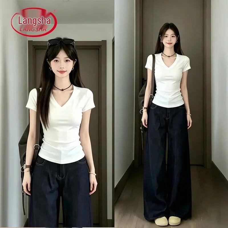 Langsha Women's V-Neck Slim Fit Short Sleeve T-Shirt