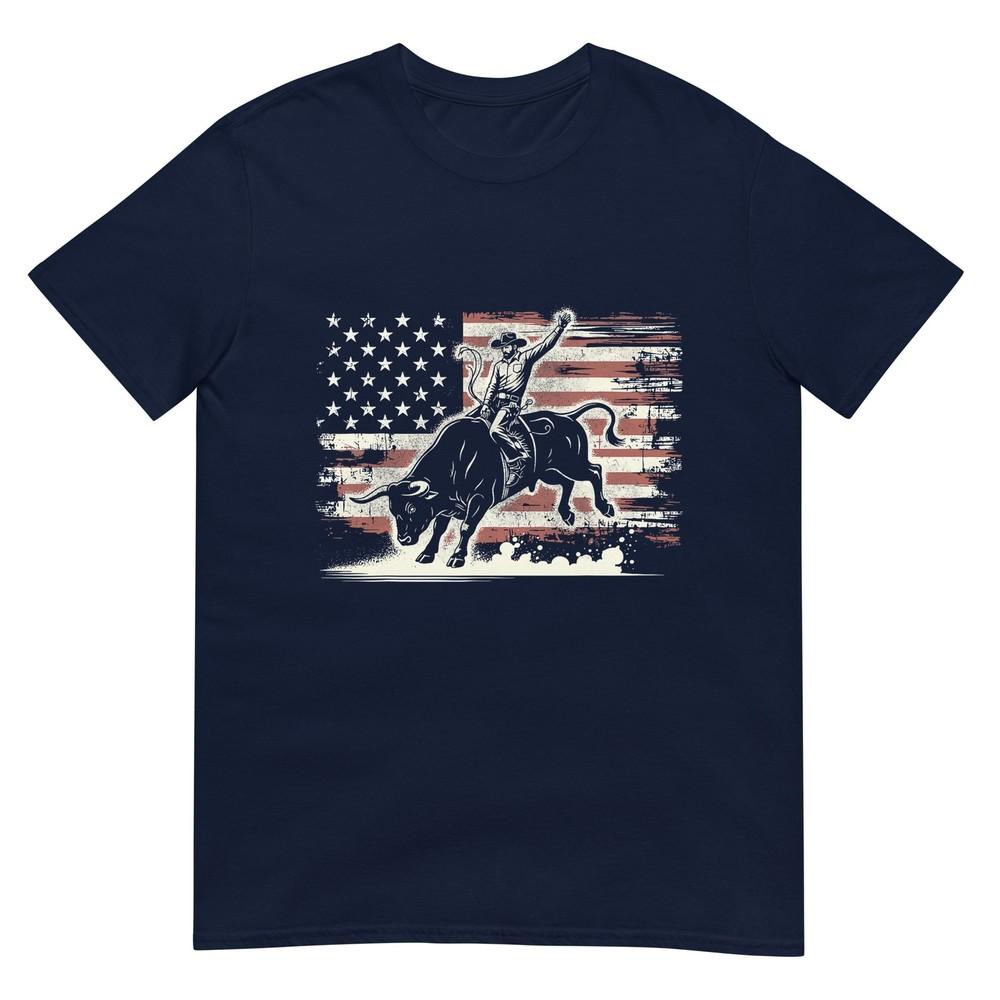 Rodeo Rider Bull Patriotic Cowboy Usa Flag TShirt S