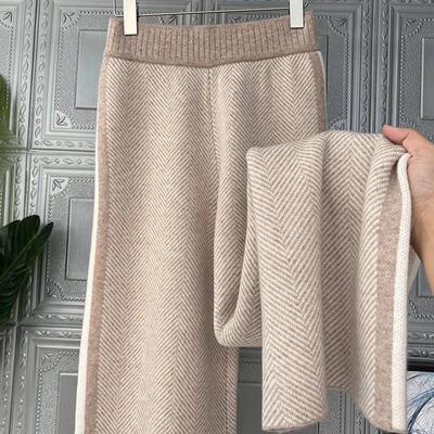 Autumn Spring High Waist Loose Knitted Wide Leg Pants Womens Warm Thicken Striped Straight Pantalones Knit High Waist Oversize Trouser