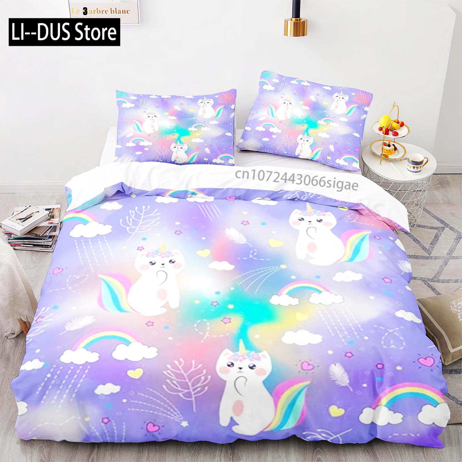 

Comforter Rainbow Cat Bedding Set Single Twin Full Queen King Size Kawaii Girl Bed Set Aldult Kid Bedroom s 3D Anime 012 Comforter (quilt)-EU Single(135*200cm)3pcs