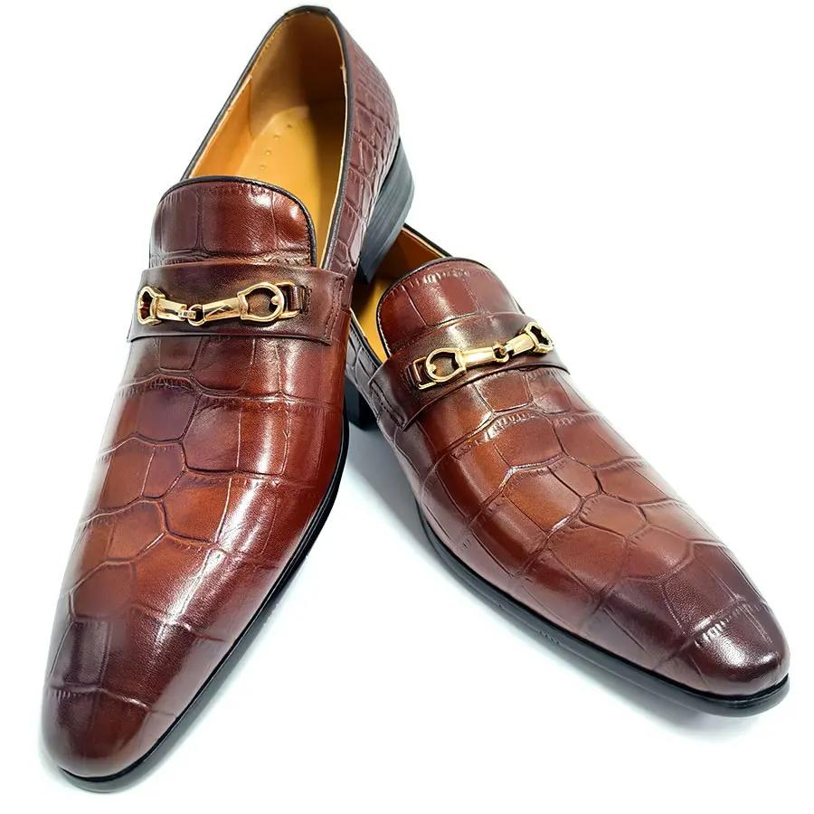 Fashion Crocodile Pattern Men Loafers Genuine Leather Shoe Luxury Zapatos De Hombre New Elegant Brown High Grade Handmade Suits Footwear
