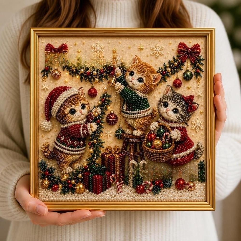 1 Set 3D Pearl Effect Diamond Painting Art Kit Christmas Kitty Theme Handmade Christmas Kitty Art Kit DIY Pearl Art Kit