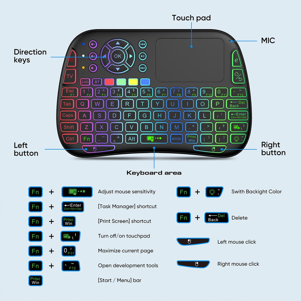 Backlit M9 Mini Ergonomic Wireless Keyboard with Touchpad Fly Air Mouse Combo with Multi-Media Control Handheld Keyboard