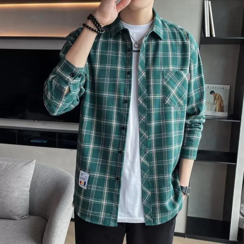 Spring Autumn Men's Long-sleeved Lapel Plaid Shirt Men's Versatile Retro Casual Shirt Blouse Jacket Men's Striped Plaid Shirt