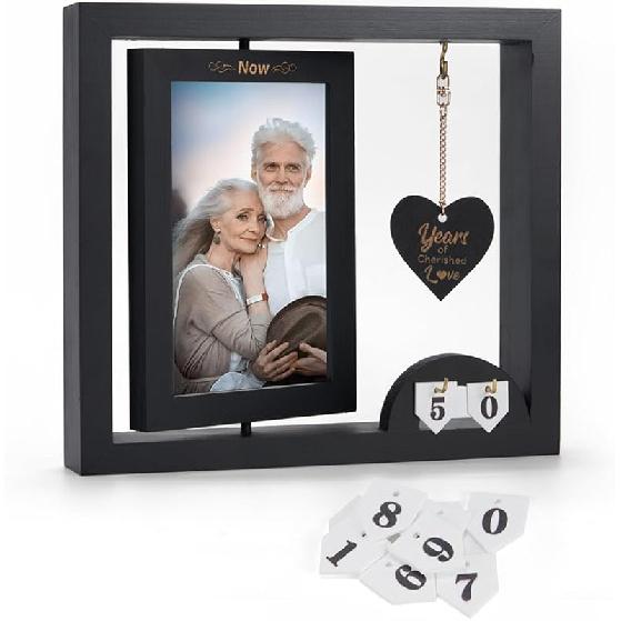 Then & Now Anniversary Picture Frame 1~99 Anniversary Wedding Engagement Photo Frame - Happy Anniversary Wedding Gifts For Wife - Wooden Bridal