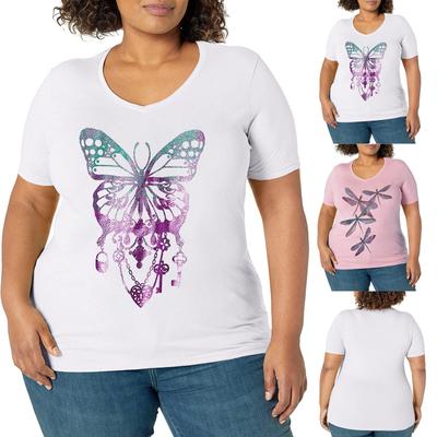 Camiseta Feminina Casual de Verão com Gola V Estampada de Manga Curta Solta Tanque Plus Size