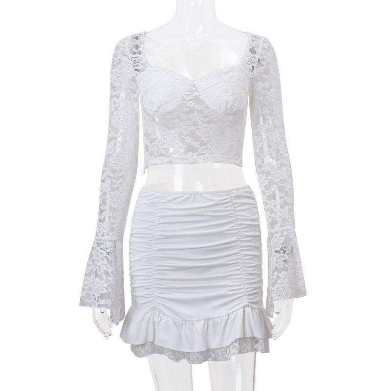 

Transitional Sexy European and American New Fashion Low Cut Square Collar Horn Long sleeve Top Sexy Lace Skirt sets Women White L