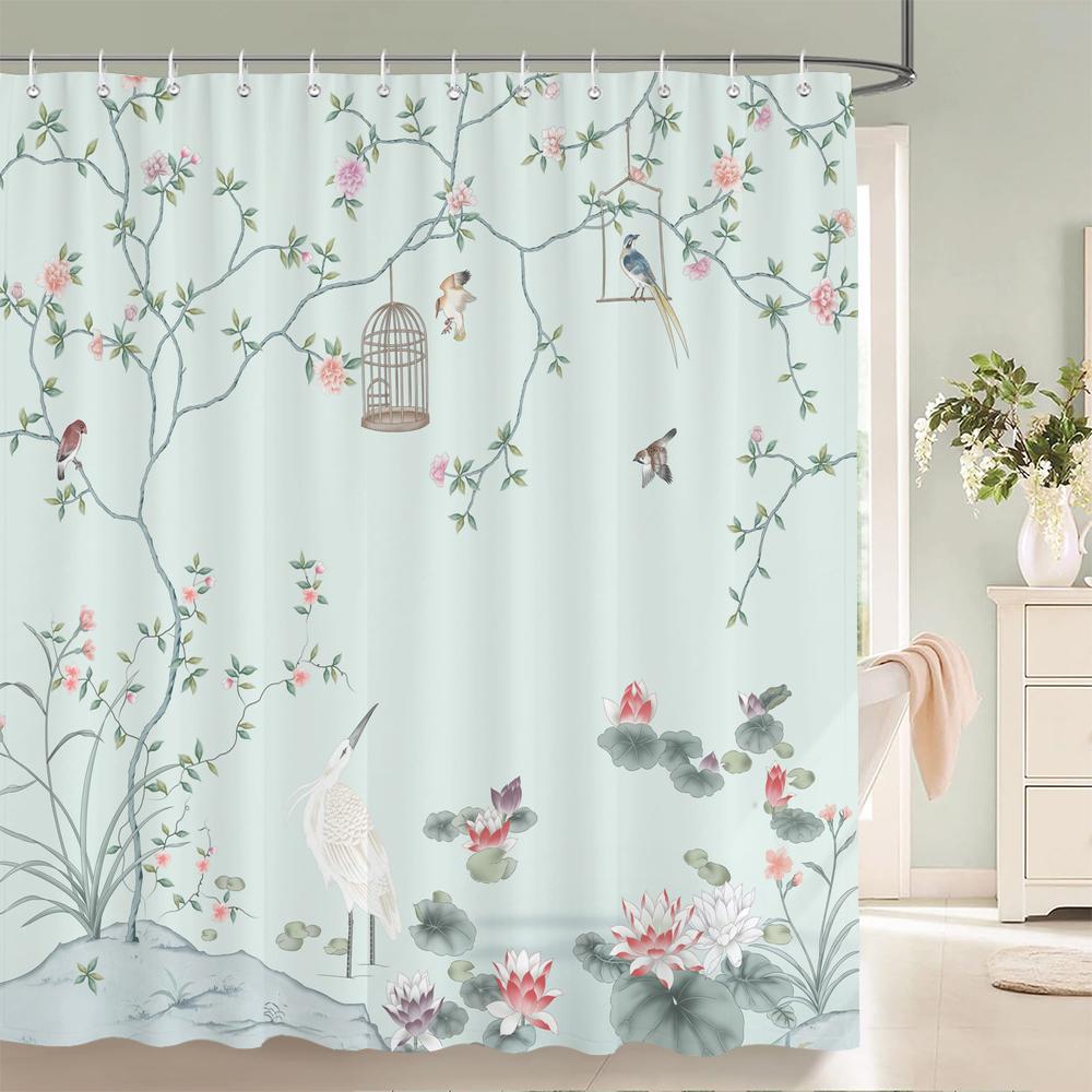 Chinese style Flowers Birds Shower Curtains Printed Bath Curtains Bathroom Waterproof Fabric With 12 Hooks Home Decor Screen
