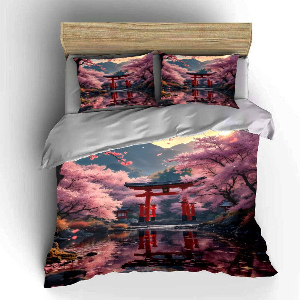Cherry Blossom Landscape Decor Set Multiple Sizes Kid'S And Adults' Bedroom Exquisite 3Pc Bedding Set, Gift