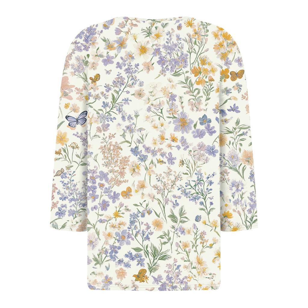 Women's Fashion Button V-Neck Seven Sleeve Vintage Floral Print Casual Top