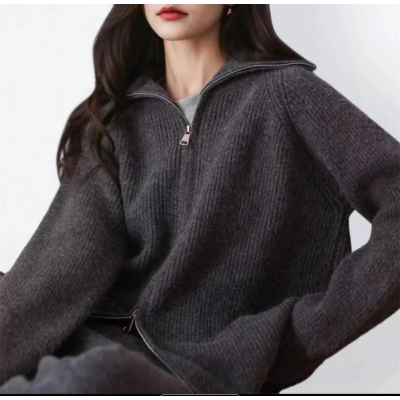 New solid color pit strip double zipper design sense shoulder long sleeve knitted jacket women solid color simple sweater women