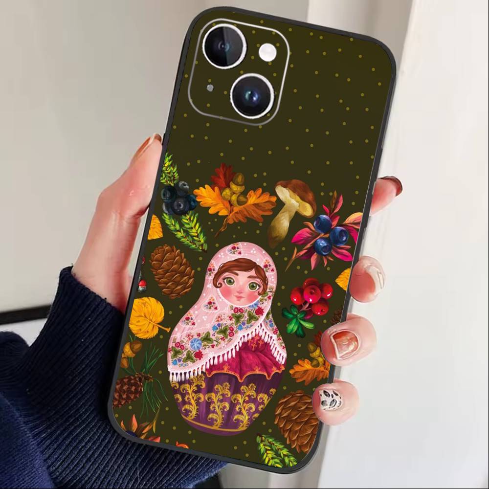 Russian Dolls Matryoshka Phone Case For iPhone17,16,15,14,13,12 Plus,Max Soft Silicone Black Cover