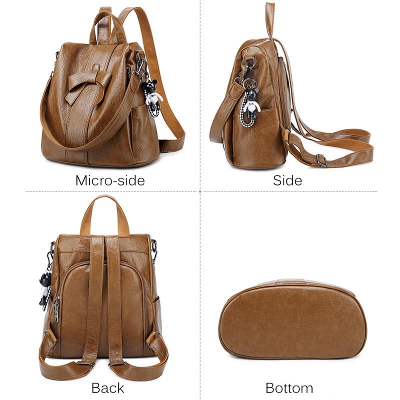 Zaini da Donna alla Moda con Fiocco 2025 Vera Pelle Zaini da Giorno per Signore Antifurto Pelle di Vacchetta Rugosa Borse Scolastiche con Ornamento Orso