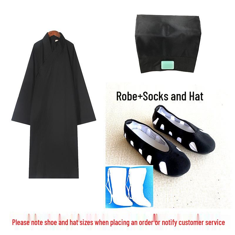 Taoist Long Robe with Slanted Placket, Three Purities Collar, Frog Buttons, Tai Chi Suit, Complete with Ten Direction Shoes and Zhuangzi Scarf